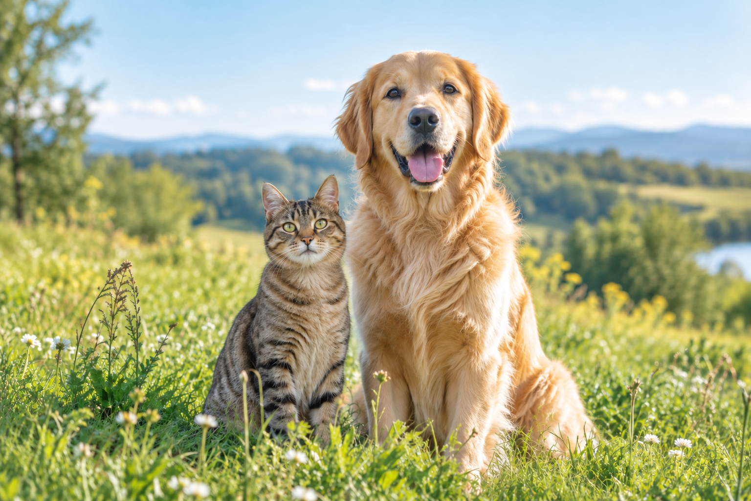 阳光草地上亲密相伴的金毛犬和猫